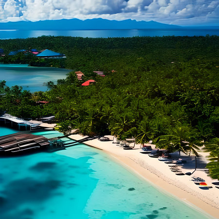 Aerial view of beautiful tropical island with palm trees, blue lagoon and turquoise seaの素材