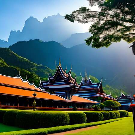 Buddhist temple at sunset in Vang Vieng, Laosの素材
