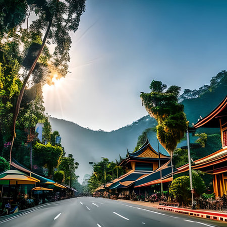Mountain road in Chiang Mai, Thailand. The road is surrounded by mountains.の素材