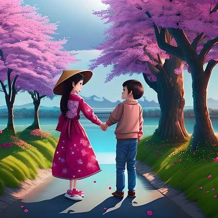 Couple walking in the park with cherry blossom trees and lakeの素材