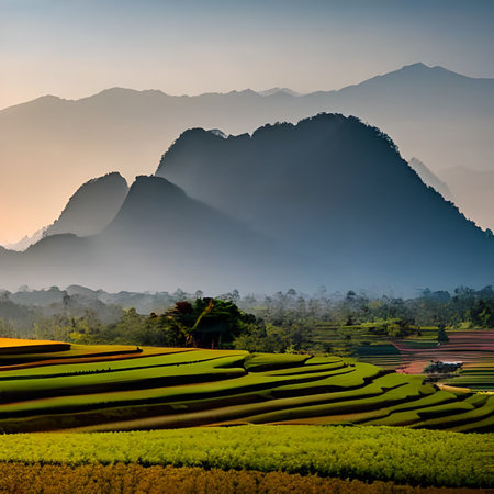 Beautiful landscape of rice terraces at sunset in Sapa, Vietnam.の素材