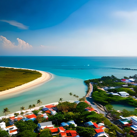 Aerial view of beautiful tropical beach with white sand, turquoise water and blue skyの素材