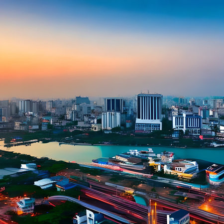 Aerial view of modern city at sunset, Shenzhen, Chinaの素材