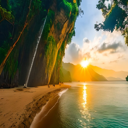 Tropical beach at sunset, Tam Coc, Ninh Binh, Vietnamの素材