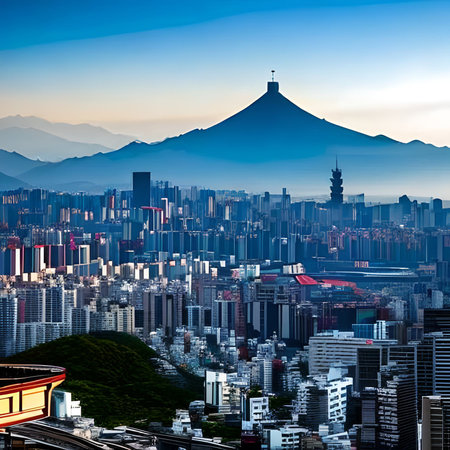 Cityscape of Hong Kong with Mount Fuji at sunset, China.の素材