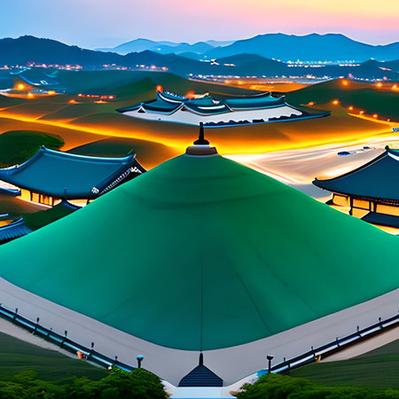 Aerial view of chinese traditional pavilion at night, Taiwanの素材