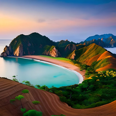 Beautiful seascape with turquoise sea and orange sand dunes at sunsetの素材