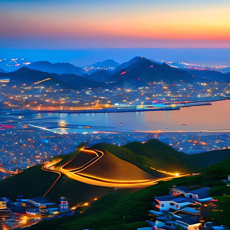 Aerial view of Busan city at dusk, South Korea.の素材