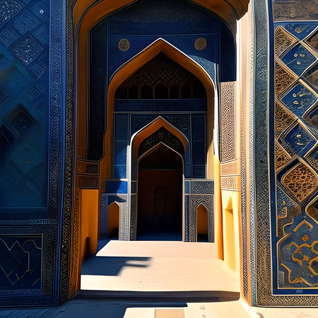 blur in iran the old decorative flower tiles from antique mosque like backgroundの素材