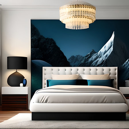 Bedroom interior with blue wall and wooden floor, 3d renderの素材