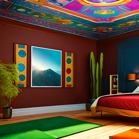 Interior of a bedroom with red walls and a bed. 3d renderingの素材