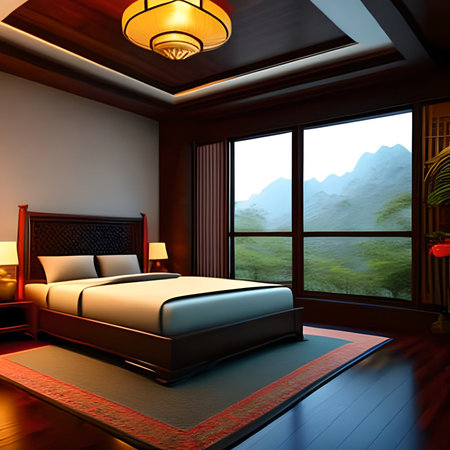 3d rendering of a bedroom interior with a view of the mountainsの素材