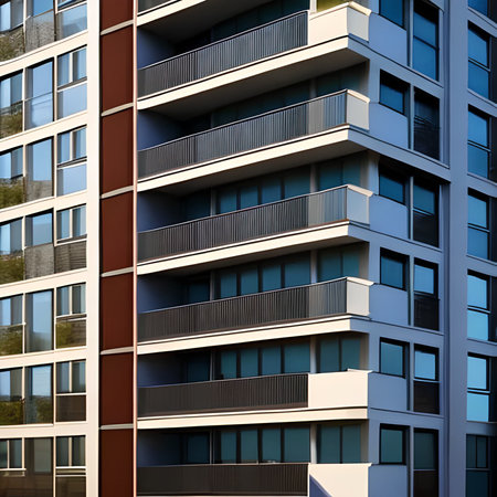 Modern apartment buildings on a sunny day with a blue sky. Facade of a modern apartment buildingの素材