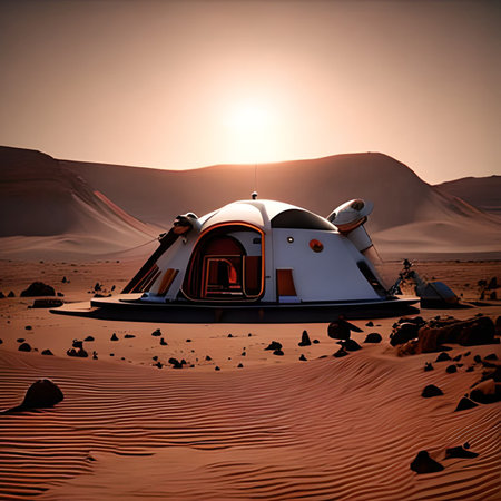 3d rendering of a space station in the Sahara desert at sunsetの素材