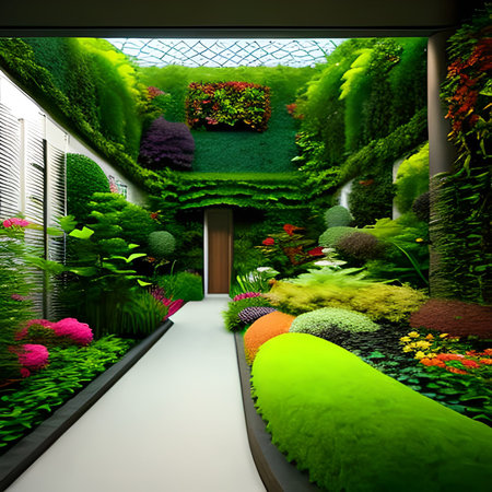 3D render of a beautiful garden with green plants and flowers.の素材