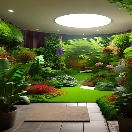 3D render of a beautiful garden with lots of plants and flowersの素材