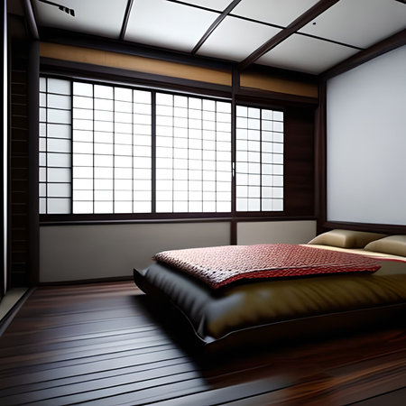 Interior of modern bedroom with wooden floor and brown bed. 3d renderingの素材