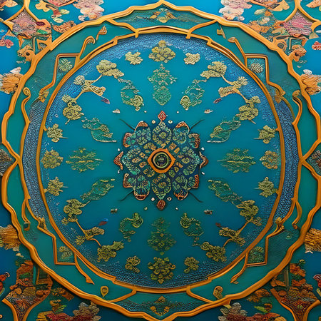 3D render of a turquoise background with gold ornamentsの素材