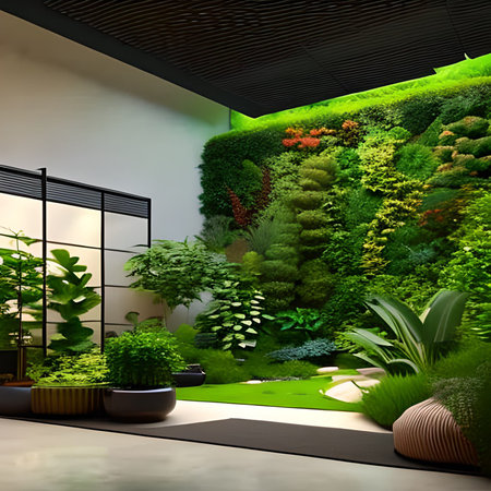 3d render of a modern garden with green plants and plants.の素材