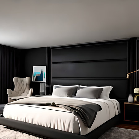 Interior of modern master bedroom with black walls, concrete floor, comfortable king size bed with white linens and black headboard. 3d renderingの素材