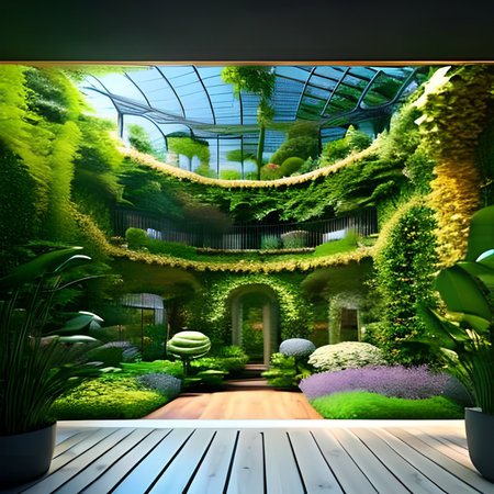 3D render of a beautiful garden with green plants and wooden floorの素材
