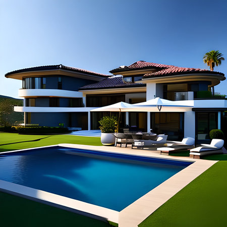 3d rendering of modern cozy house with pool and parking for sale or rentの素材