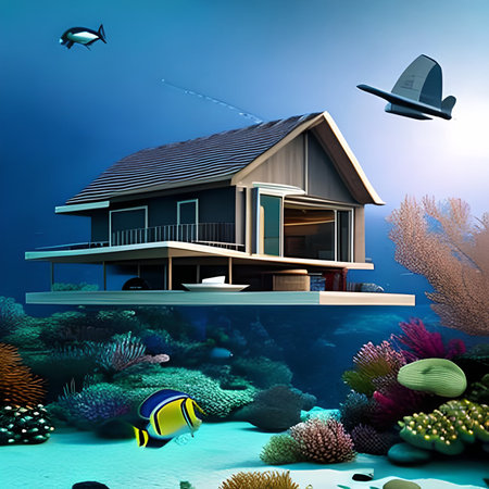 3d render of house on the seabed with coralsの素材