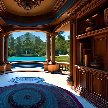3D render of a fantasy interior with a view of the lakeの素材