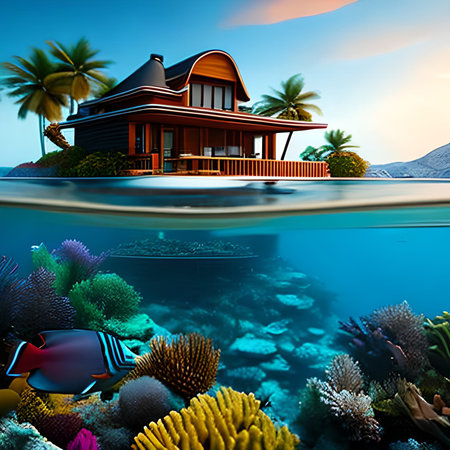 Beautiful tropical island with coral reef and exotic fish. 3d renderの素材