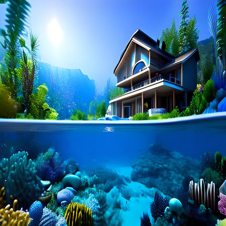 House underwater with a beautiful view of the sea. 3d renderの素材