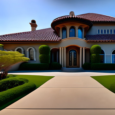 House with a beautiful landscaped garden. 3D render image.の素材