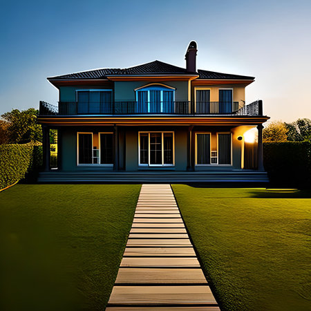 Luxury house with wooden floor and green grass at sunset.の素材