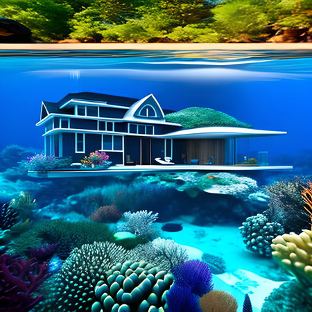 3D render of a house underwater in a tropical coral reef.の素材