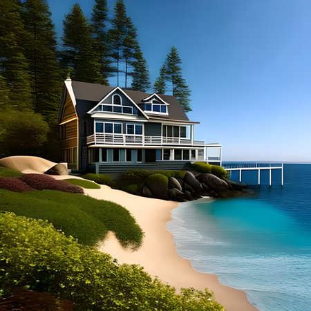Beautiful house on the beach. 3D rendering. Computer digital drawing.の素材