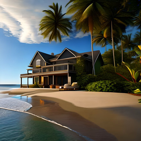 tropical house on the beach with palm trees and sand - 3d renderの素材