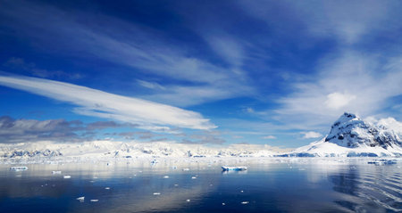 Antarctic landscape with icebergs, ice floes and icebergsの写真素材