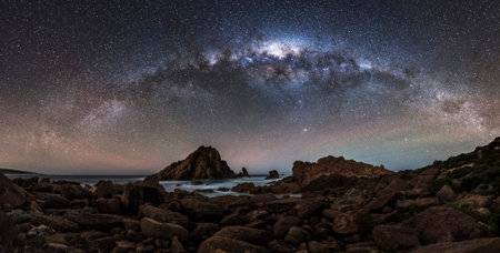 Milky way over the sea. Long exposure photograph. Rocks and starry sky