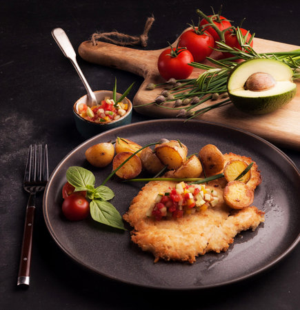Fried pork chop with potatoes, avocado and tomatoes on black plateの写真素材