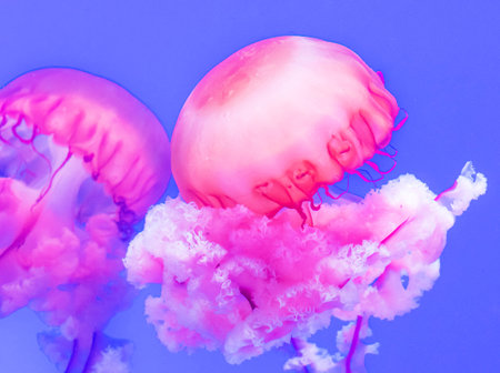 Pink jellyfish floating in the water. Underwater world. Blue background.の写真素材