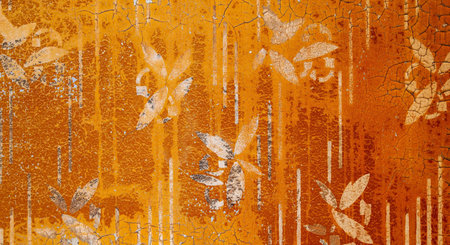 Grunge orange rusty metal background texture with floral pattern. Abstract background for design.