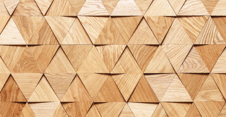 Wooden geometric background with triangles. 3d rendering, 3d illustration.の写真素材