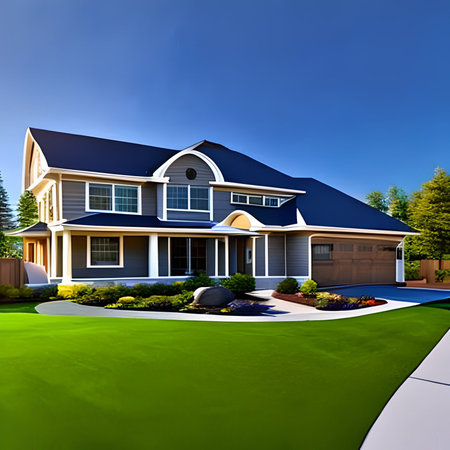 Modern house with green lawn and blue sky. 3d rendering imageの素材