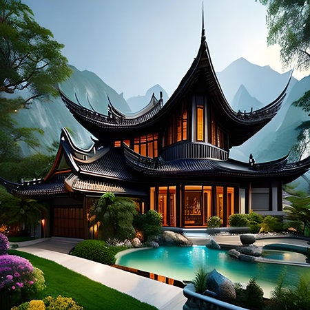 3d rendering of chinese traditional style house in the garden.の素材