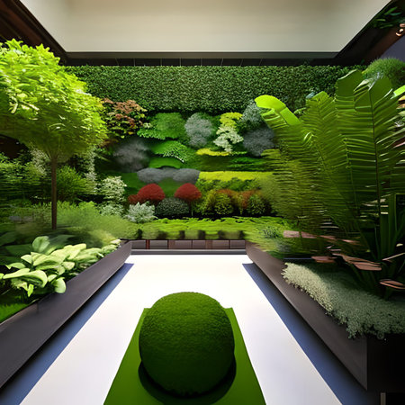 3d render of a garden with grass and plants in the roomの素材
