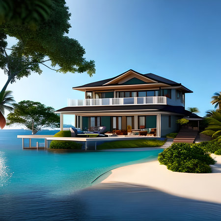 3D render of a luxury villa on a tropical island with swimming poolの素材