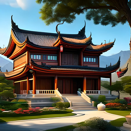 3d render of chinese temple with red roof in the gardenの素材