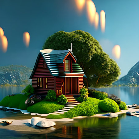 Fantasy landscape with a wooden house on the island in the seaの素材