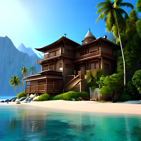 3D render of a tropical villa on a tropical island.の素材