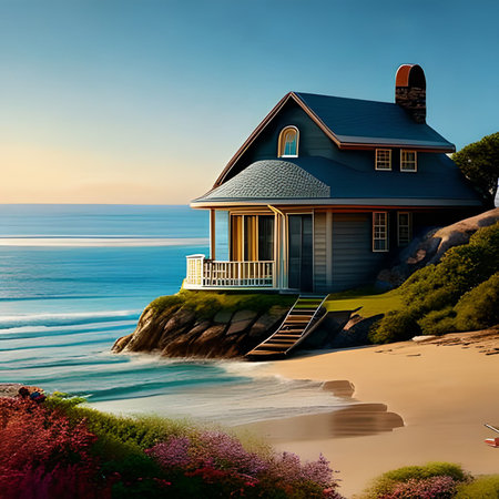 House on the beach at sunset. 3d render. Illustration.の素材
