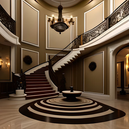 3d render of interior stairway in luxury hotel with gold wallsの素材